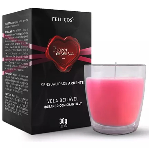 Vela Beijável Morango com Chamtilly, Hidratante Sensualidade Ardente - 30 gr  - 9910